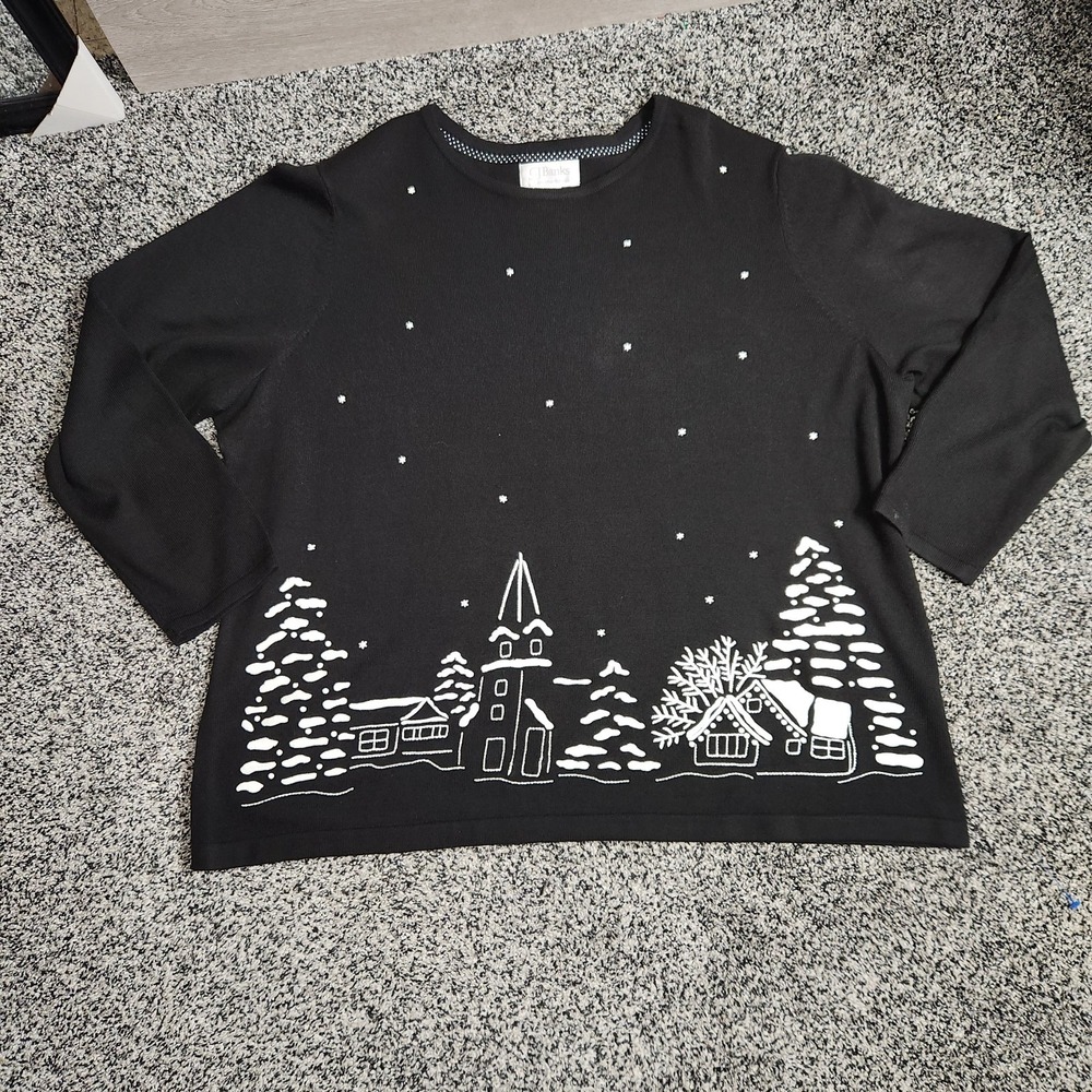 Vtg 90s CJ Banks Winter Village Black Christmas Sweater Cottagecore Granny Sz 3X